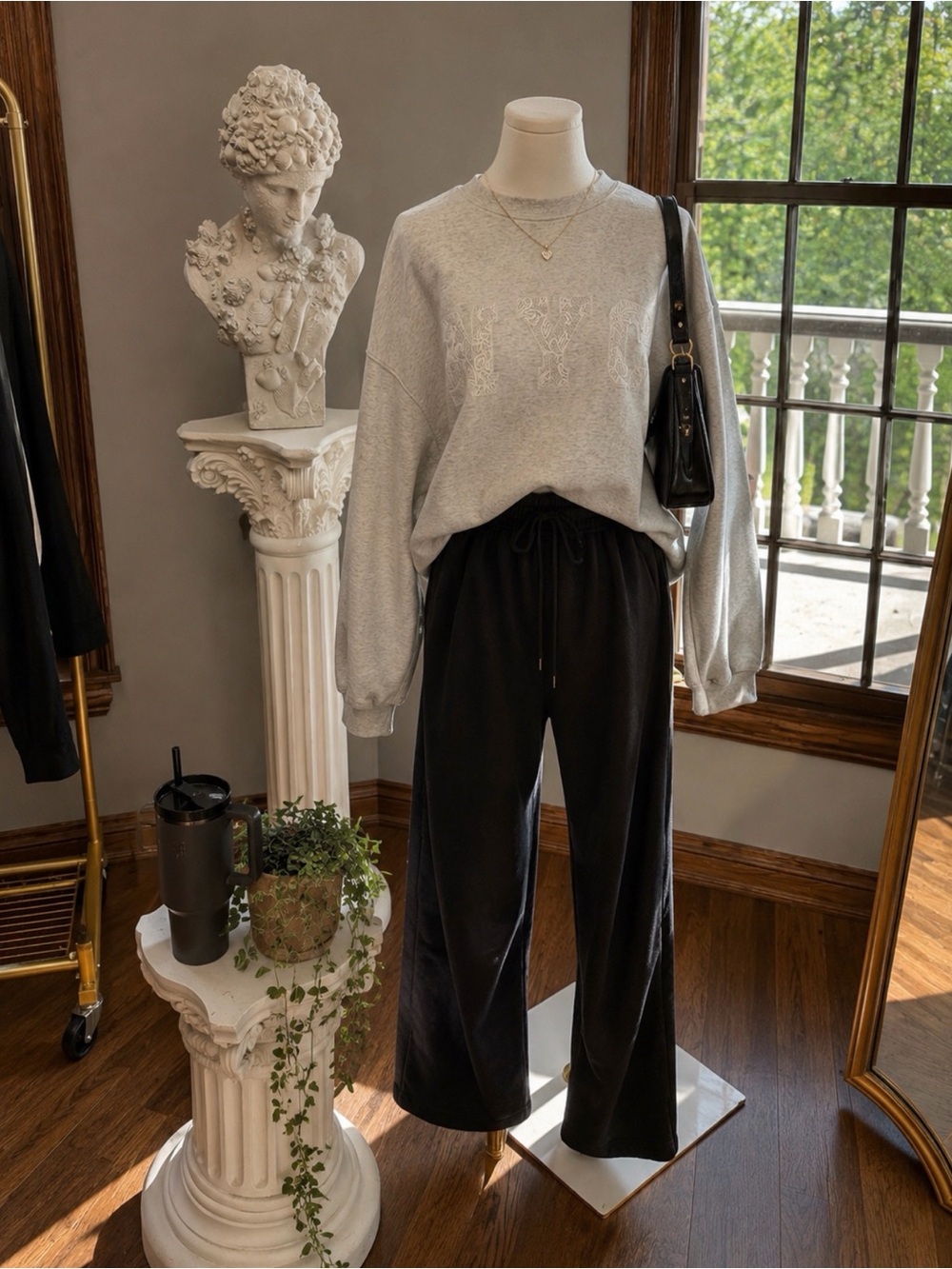 NYC Lace Letter Oversized Cozy Fleece Sweatshirt Neutral Minimalist Pullover